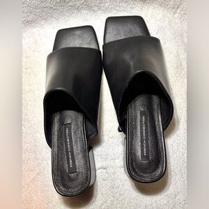 Authentic iconic French Connection Black Leather Dinner Block Heel Mules  7.5